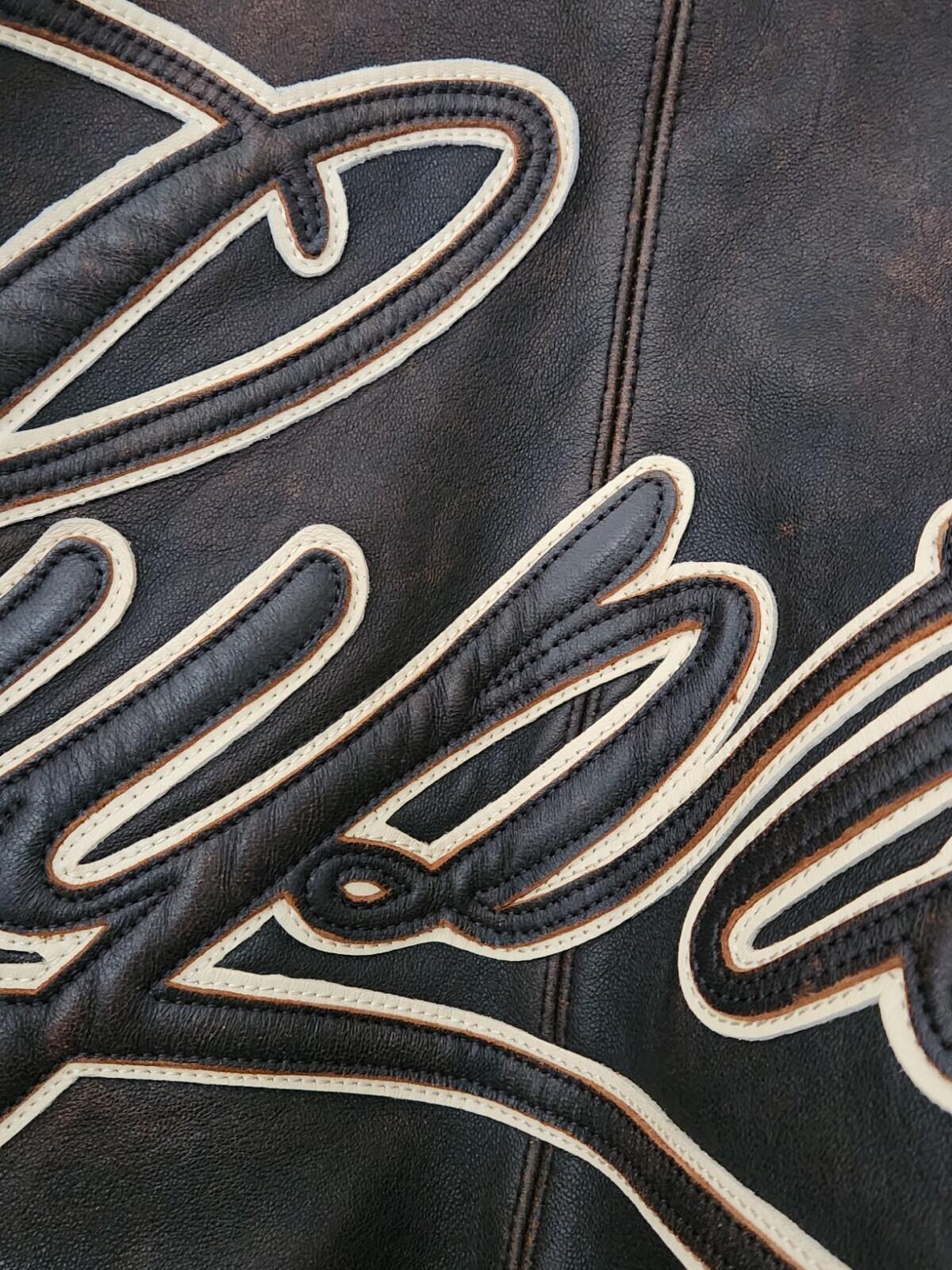 SS19 Supreme Leather Varsity Jacket L black Lambskin Brown Coat Satin Lining
