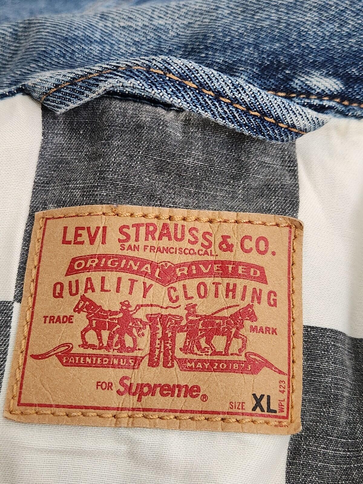 Chaleco vaquero FW14 Supreme x Levis talla XL, estampado a cuadros, azul Levi's, raro