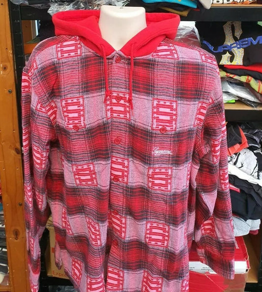 FW20 Supreme Hooded Shadow Plaid shirt size L large Red