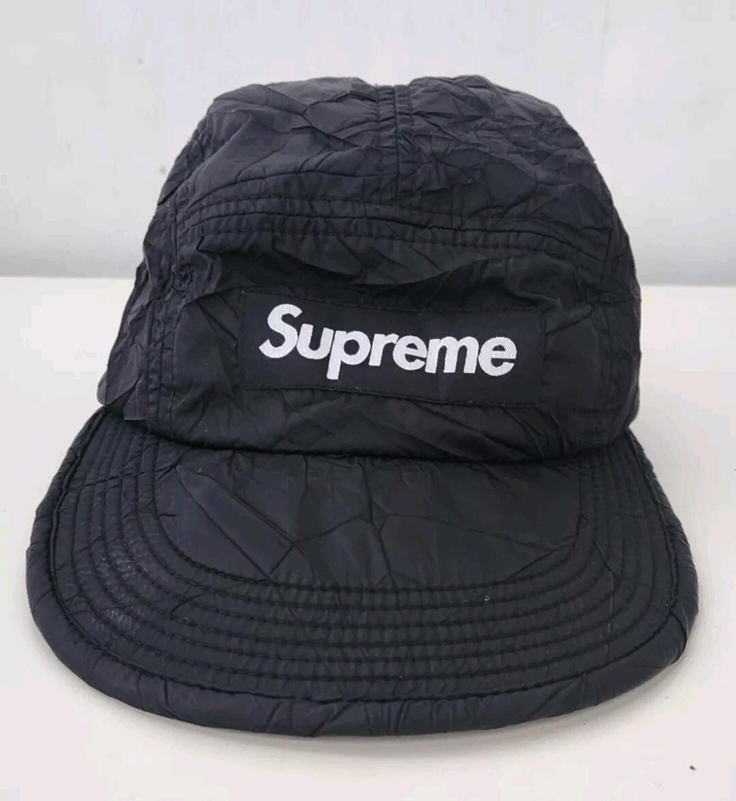 FW15 Supreme Wrinkled Nylon Soft Bill Camp Cap Hat Black Box logo 2015 Vintage