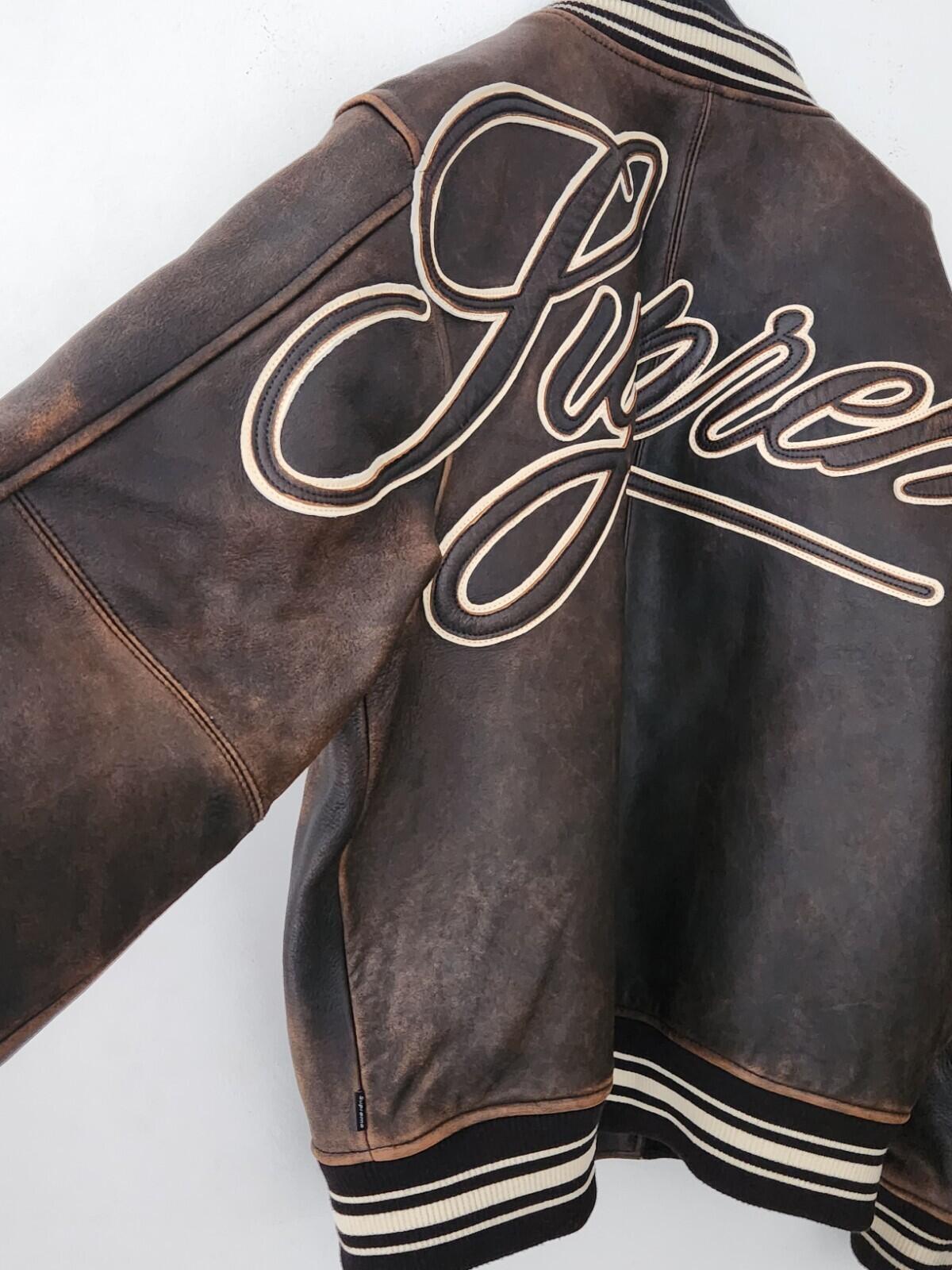 SS19 Supreme Leather Varsity Jacket L black Lambskin Brown Coat Satin Lining