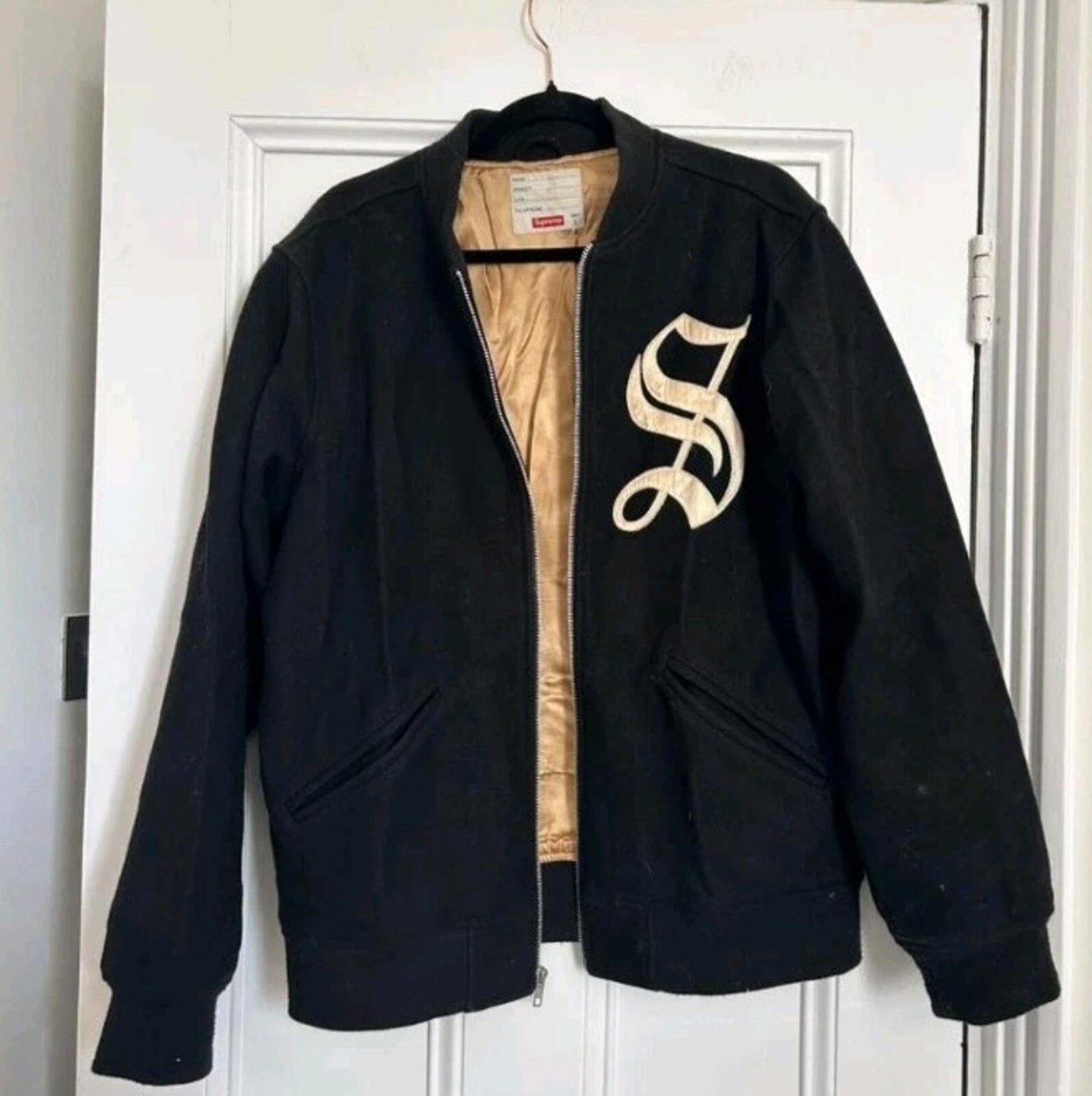 Chaqueta de lana Supreme Old English con cremallera Varsity FW14 negra talla L