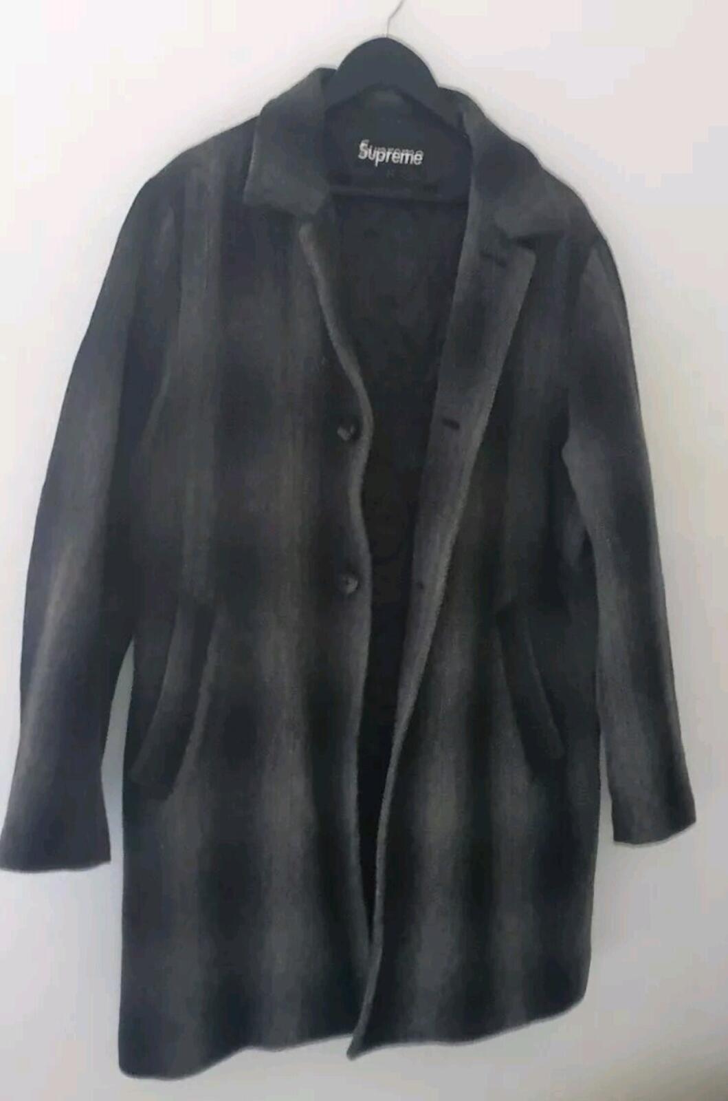 FW16 Supreme Shadow Plaid Woolrich Wool Overcoat Charcoal L Large Coat