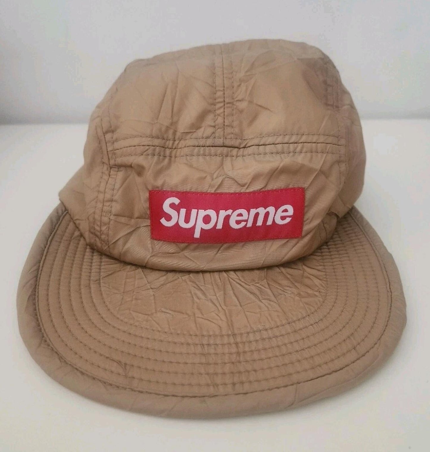 FW15 Supreme Wrinkled Nylon Soft Bill Camp Cap Hat Red Box logo Vintage 2015 Tan