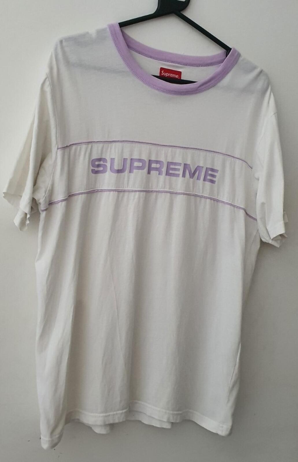SS18 Supreme Team Ringer Tee talla M mediana blanco camiseta lila morado claro