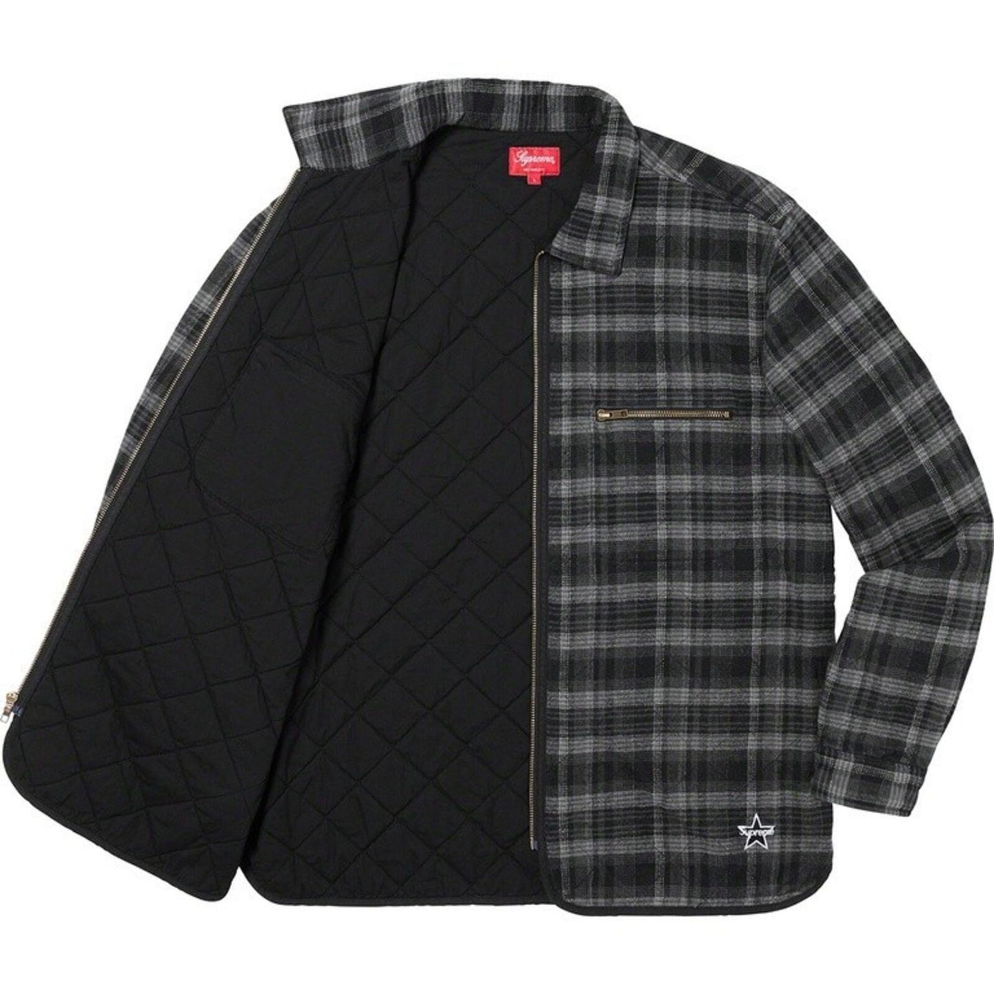 FW19 Supreme Quilted Plaid Zip Up Shirt Black Size L