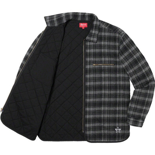 FW19 Supreme Quilted Plaid Zip Up Shirt Black Size L