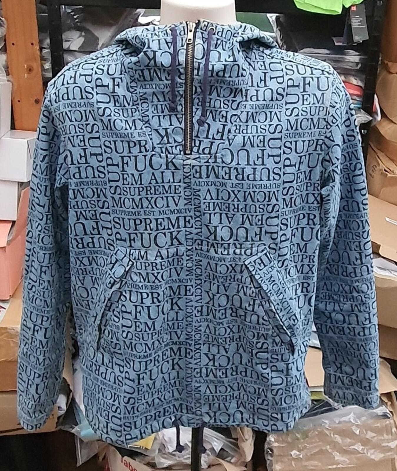 FW15 Supreme F UCK EM ALL Denim Hooded Pullover Blue Size S