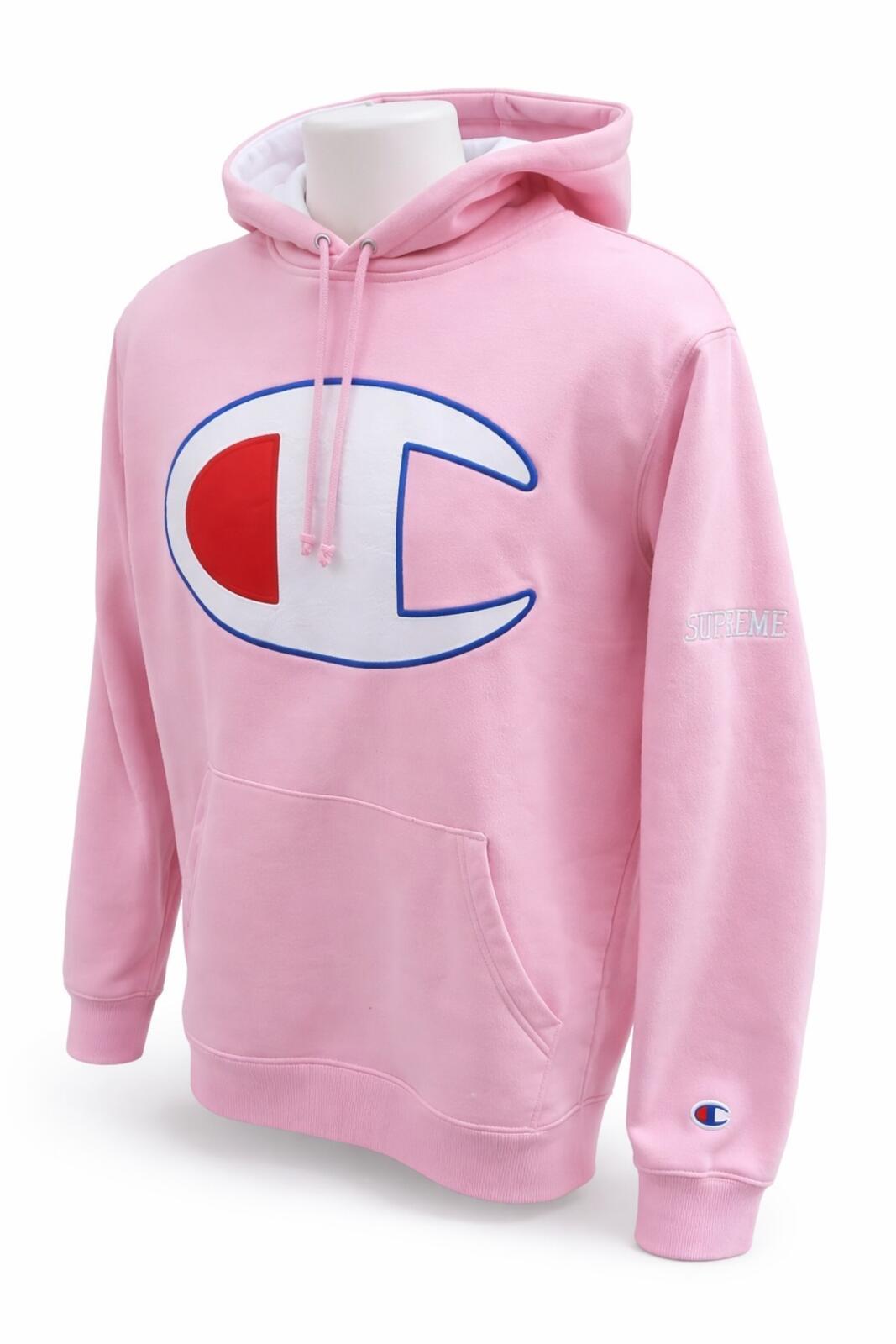 SS17 Supreme x Champion Satin Logo Hooded Sweatshirt Pink Size M