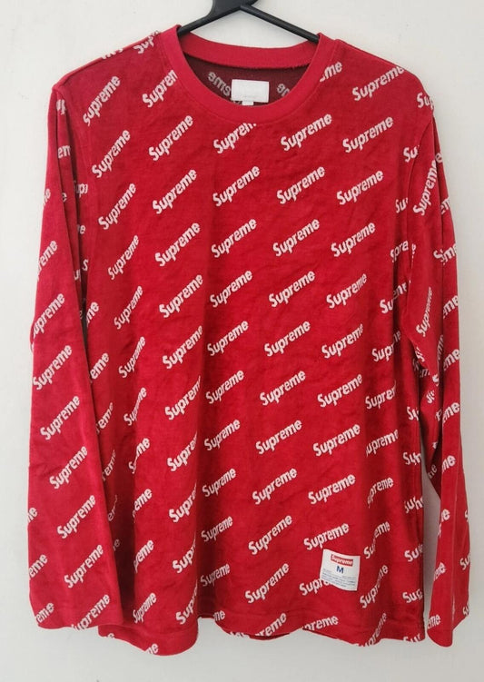 FW19 Supreme Velour Diagonal L/S Top M mediana Sudadera Roja Jersey Usado 1x