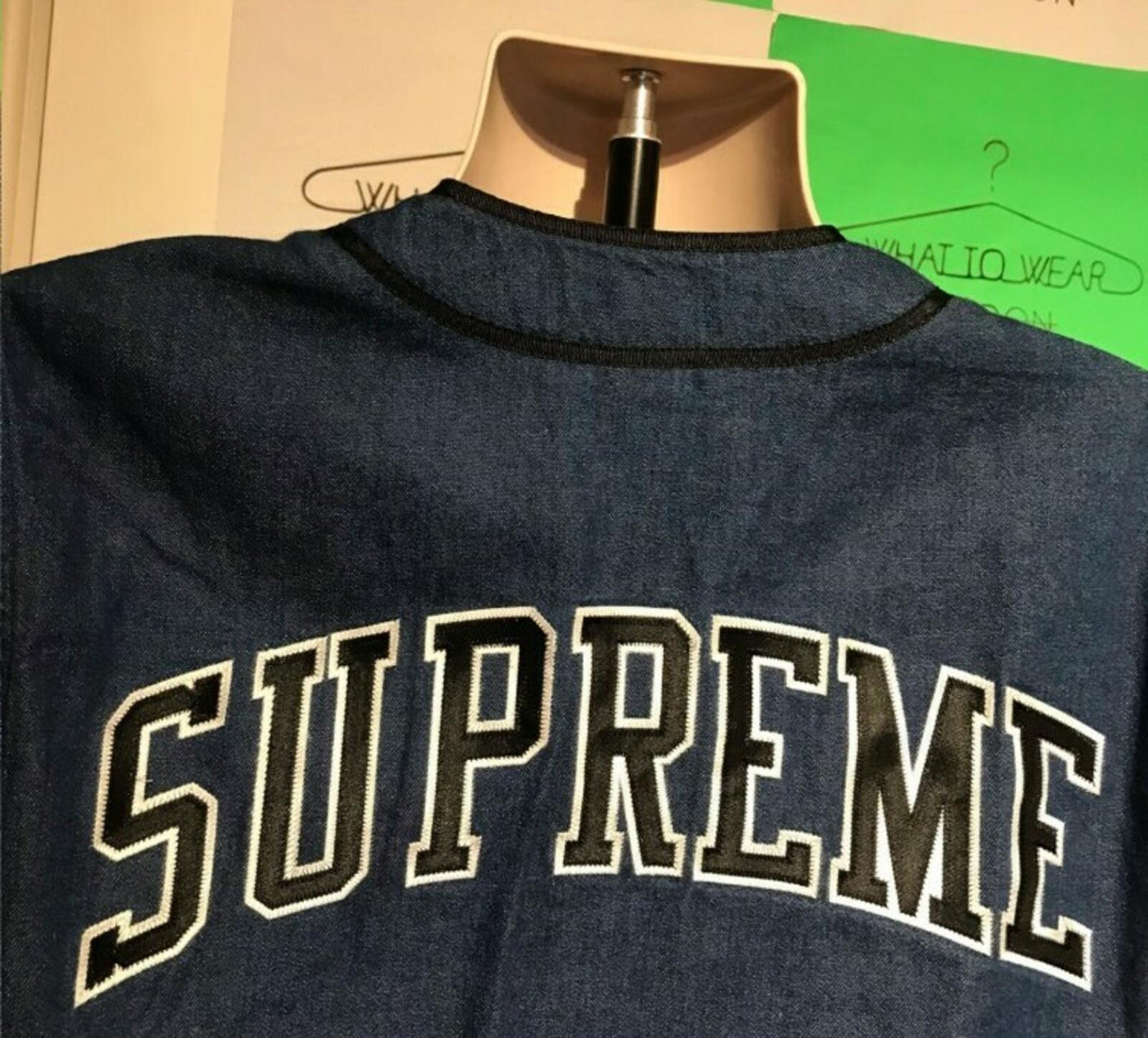 FW13 Supreme Baseball Shirt Chenille S Logo Denim Size L