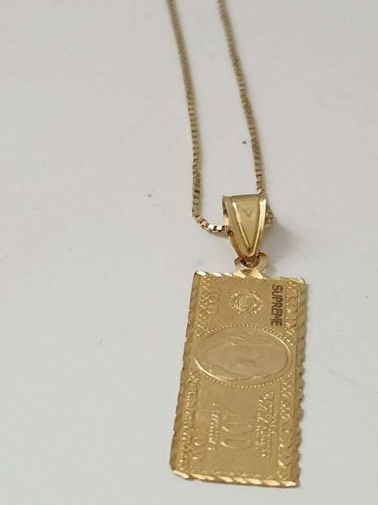 Colgante de oro con billete de 100 dólares Supreme FW17 + cadena, collar de oro amarillo de 14 quilates
