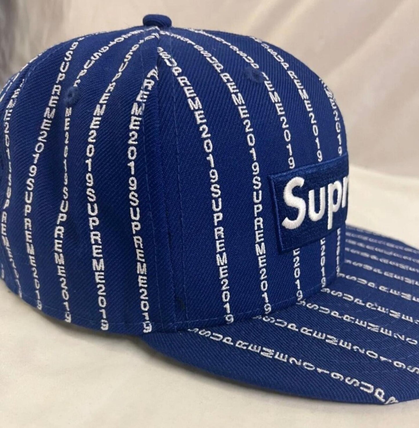 SS19 Supreme Text Stripe New Era Blue Hat Box Logo Wollbaseballmütze