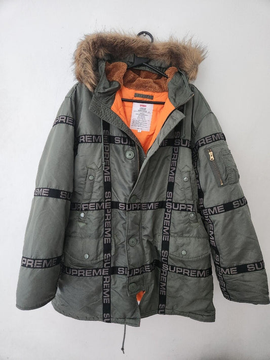 FW18 Supreme Logo Tape N-3B Parka PVP 378 $ Talla L Chaqueta grande verde oliva abrigo verde