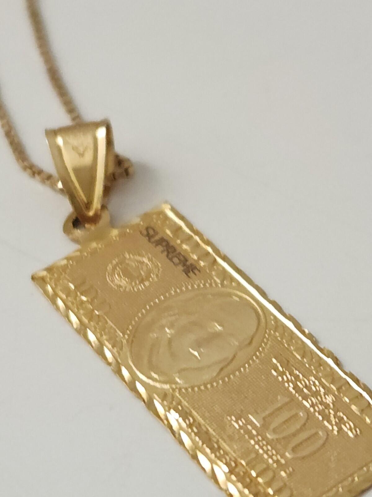 FW17 Supreme 100 Dollar Bill Gold Pendant + chain 14K Yellow Necklace