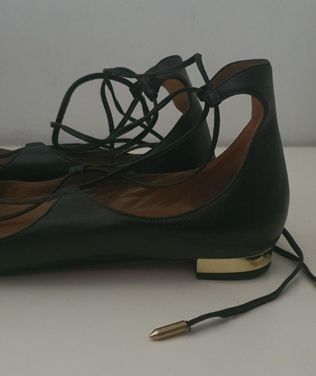 £415 AQUAZZURA Black Leather Christy Flat Pointed Toe Sandals Ballet EU 38 UK 5