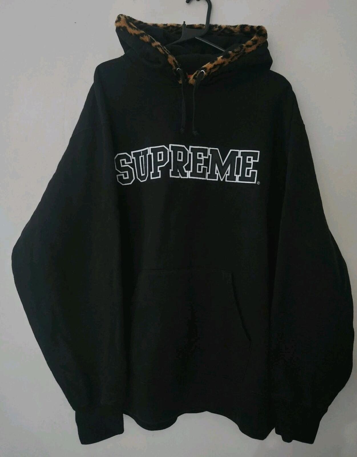 FW21 Supreme Leopard Trim Hooded Sweatshirt Black Size XL