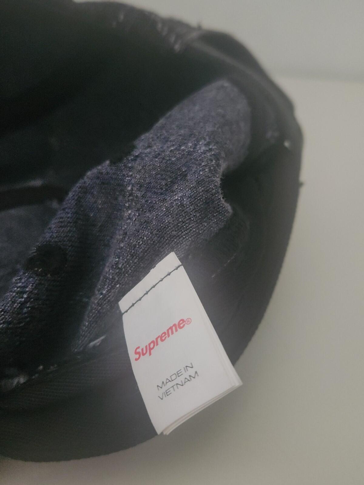 FW23 Supreme Punched Denim camp cap black hat 15 Oz. denim leather strap closure