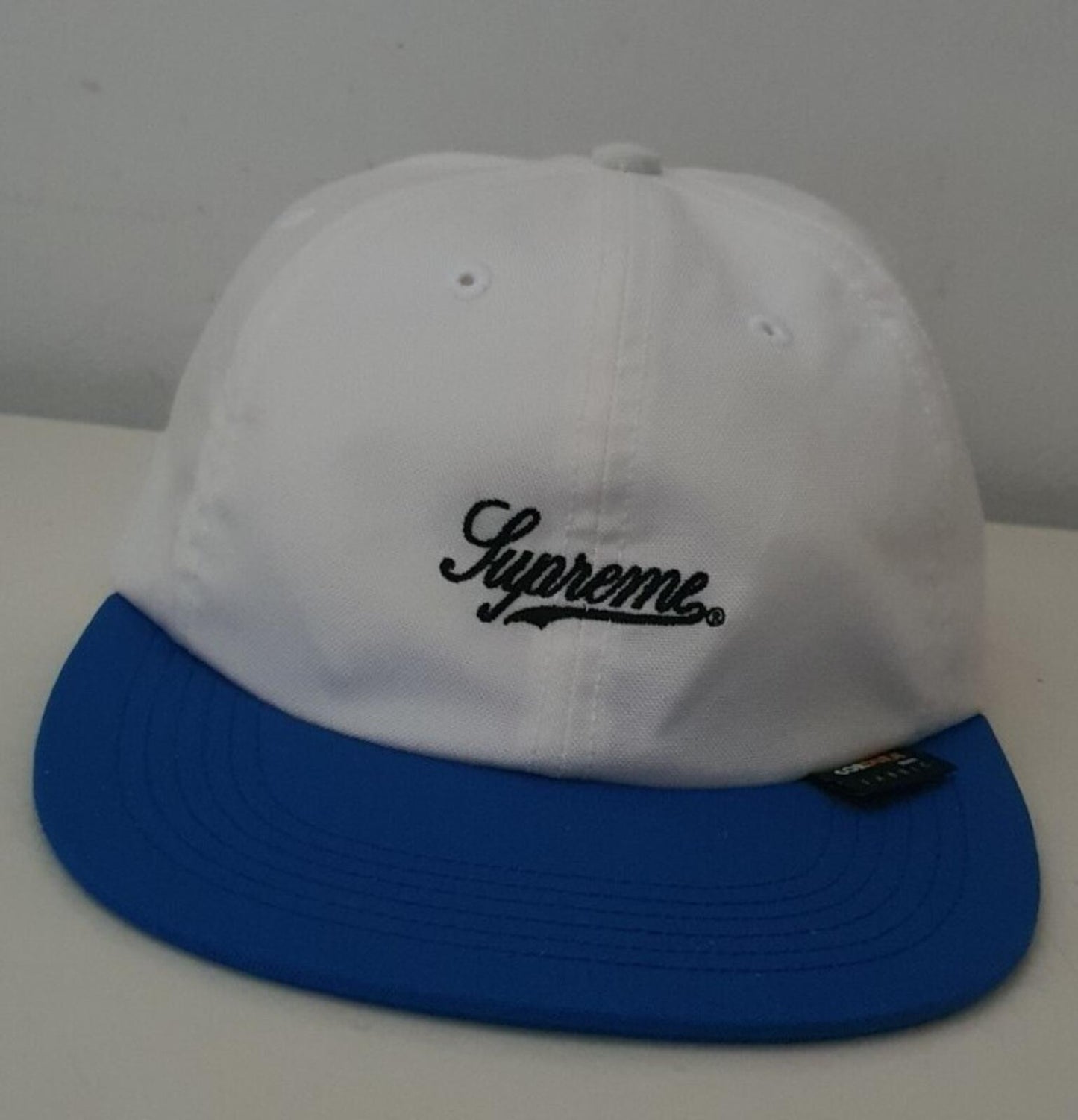 SS19 Supreme Cordura Script logo 6-Panel cap white hat blue