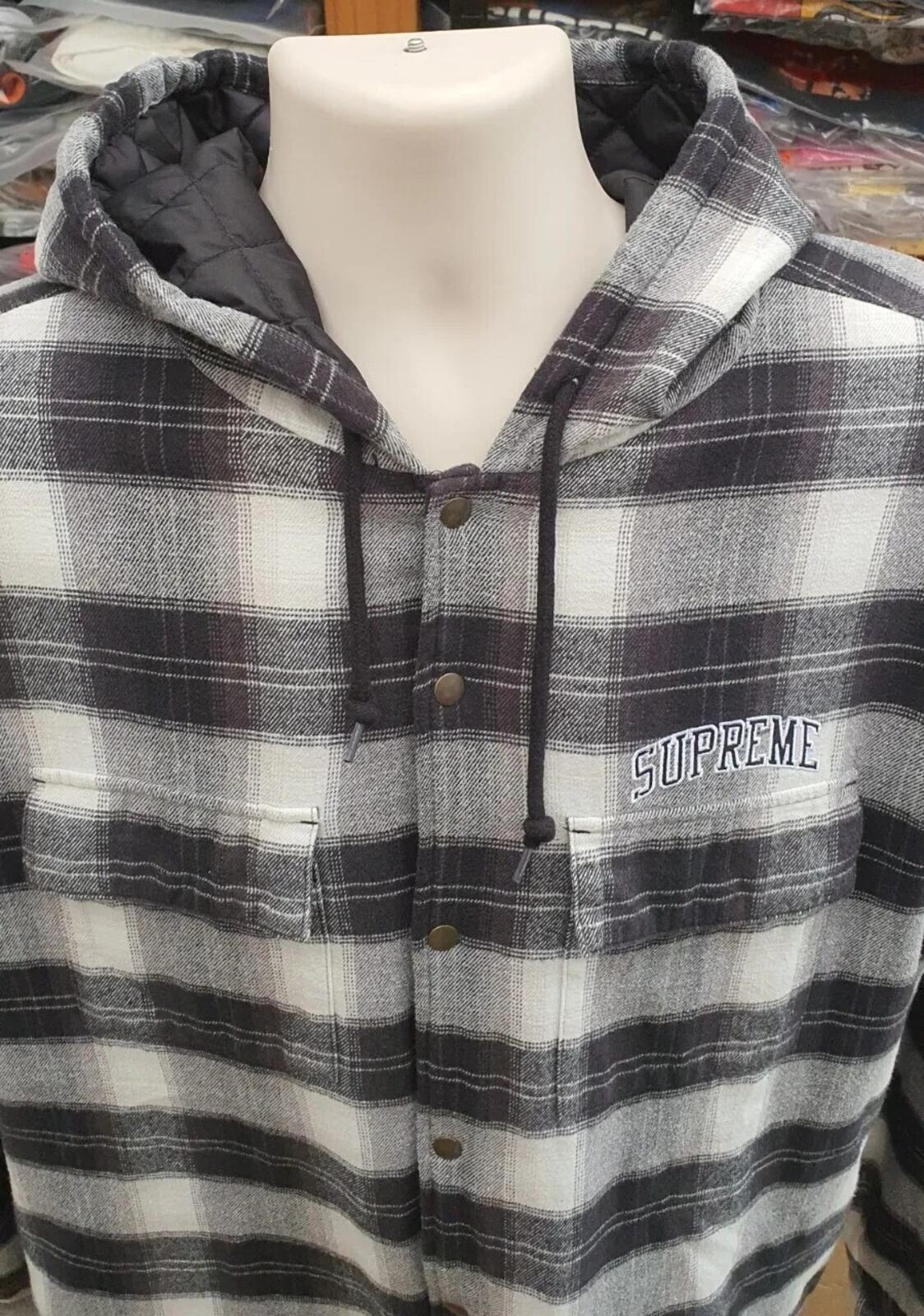 FW19 Supreme Quilted Hooded Plaid Shirt Black Size XL