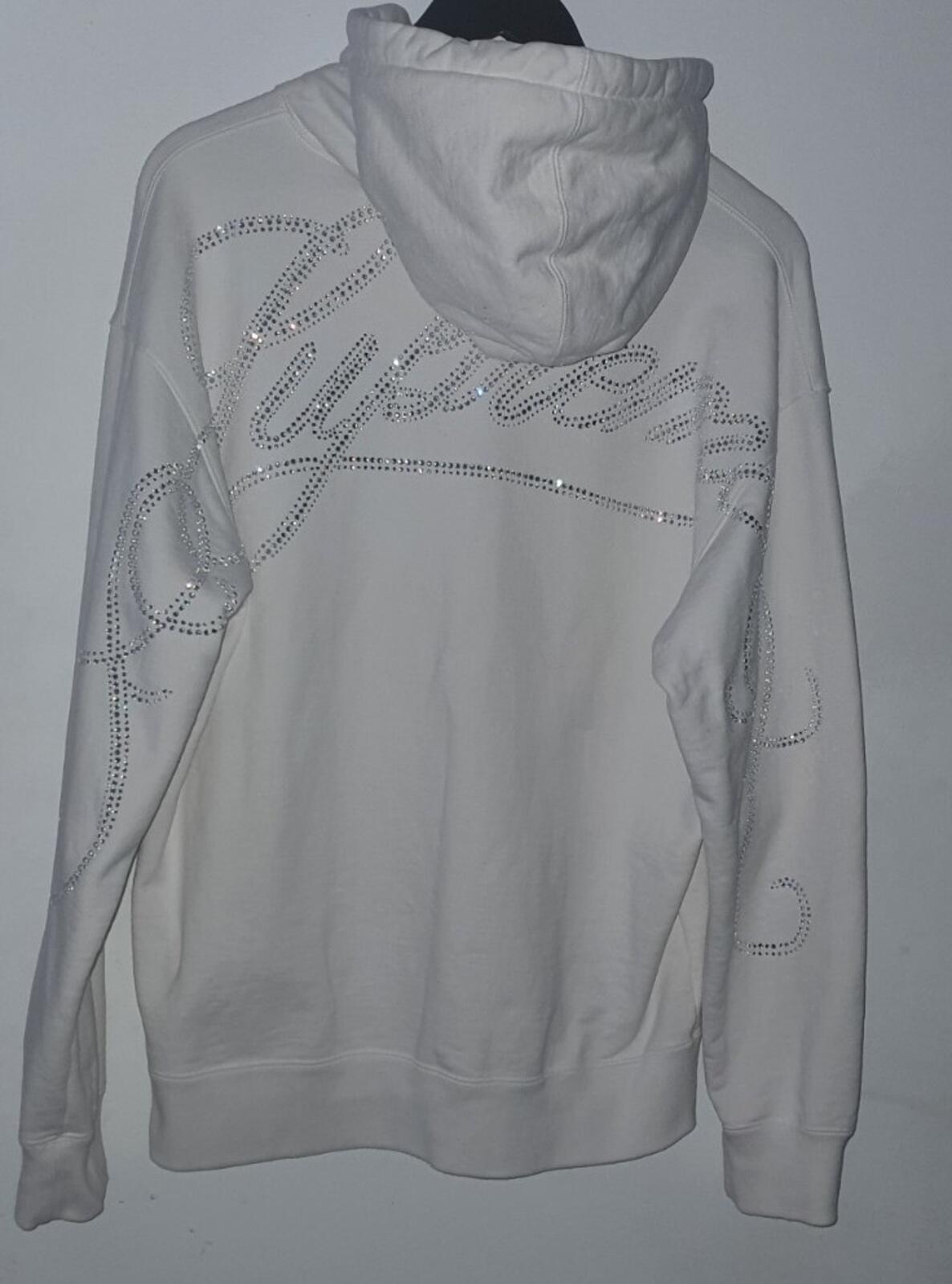 FW19 Supreme Rhinestone Script hooded sweatshirt size M medium hoodie white