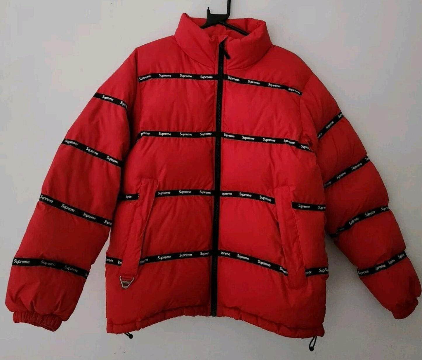 FW16 Supreme Logo Tape Puffy Jacket Size S Small Red Puffer
