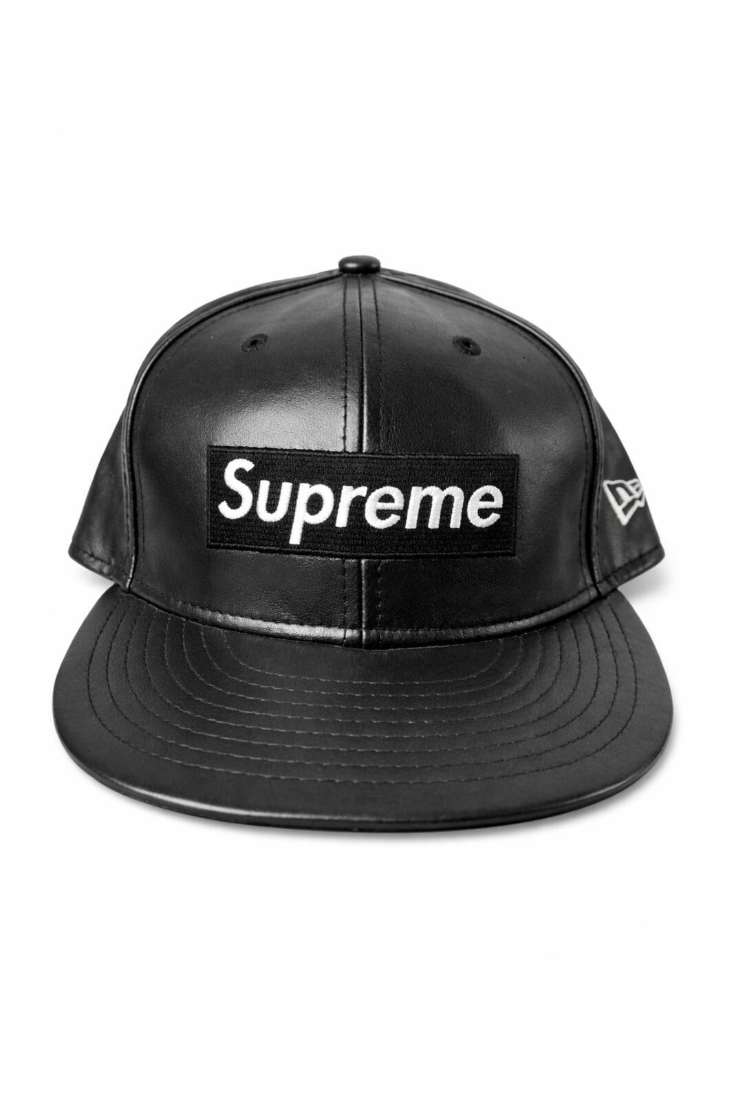 FW15 Supreme Leather Box Logo New Era Hat Black Cap size 7 3/8 Vintage 2015