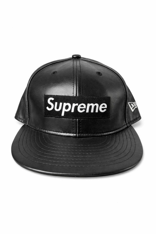 FW15 Supreme Leder Box Logo New Era Mütze Schwarz Cap Größe 7 3/8 Vintage 2015