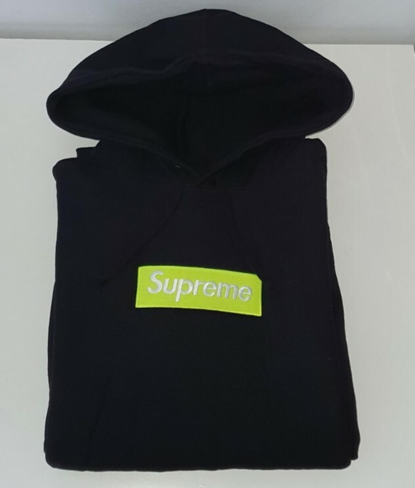 FW17 Supreme Box Logo hooded Sweatshirt black hoodie size M medium neon green
