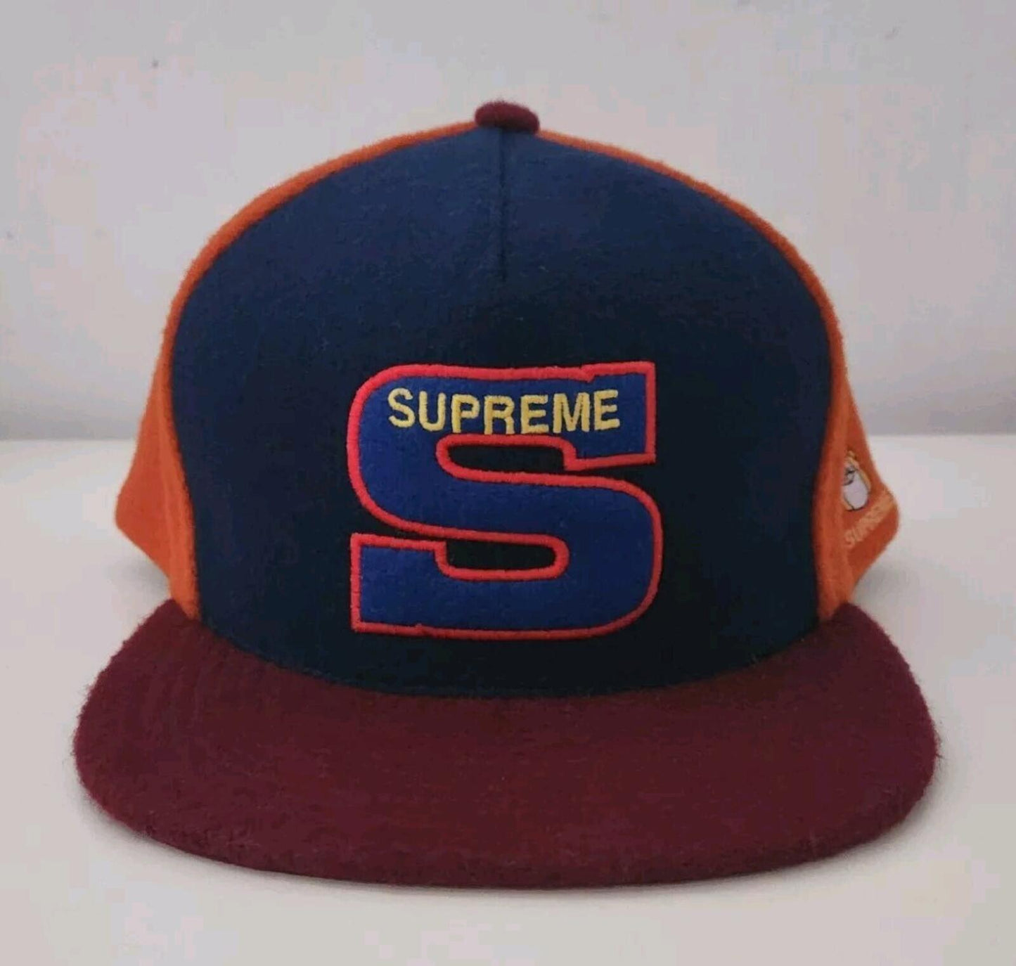 Gorra de 5 paneles de fieltro Supreme Milano FW15 negra, azul, naranja, lana, rara, 2015, logo S
