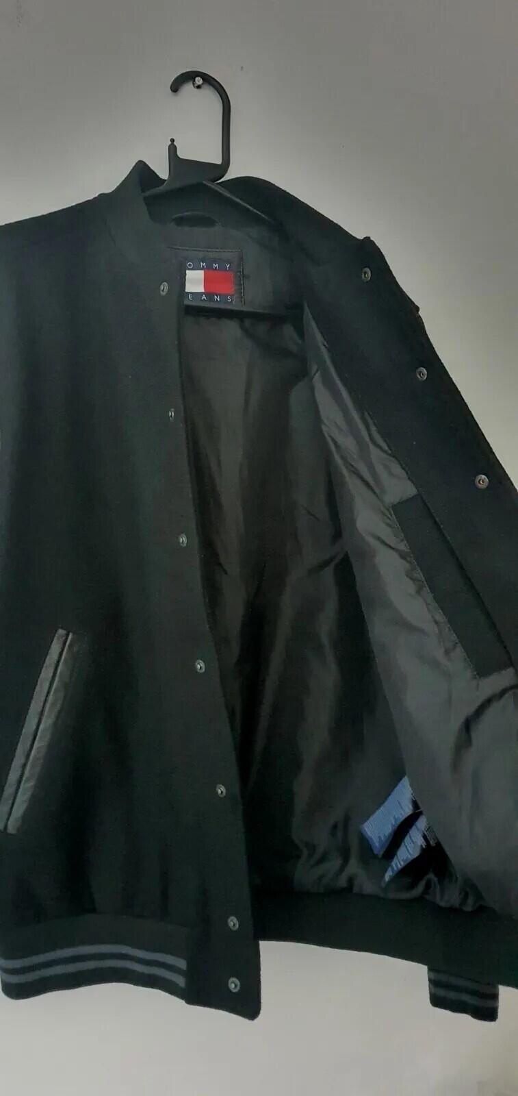 TOMMY JEANS £189 Varsity Wool Bomber Goat Leather Sleeves Black Jacket Hilfiger
