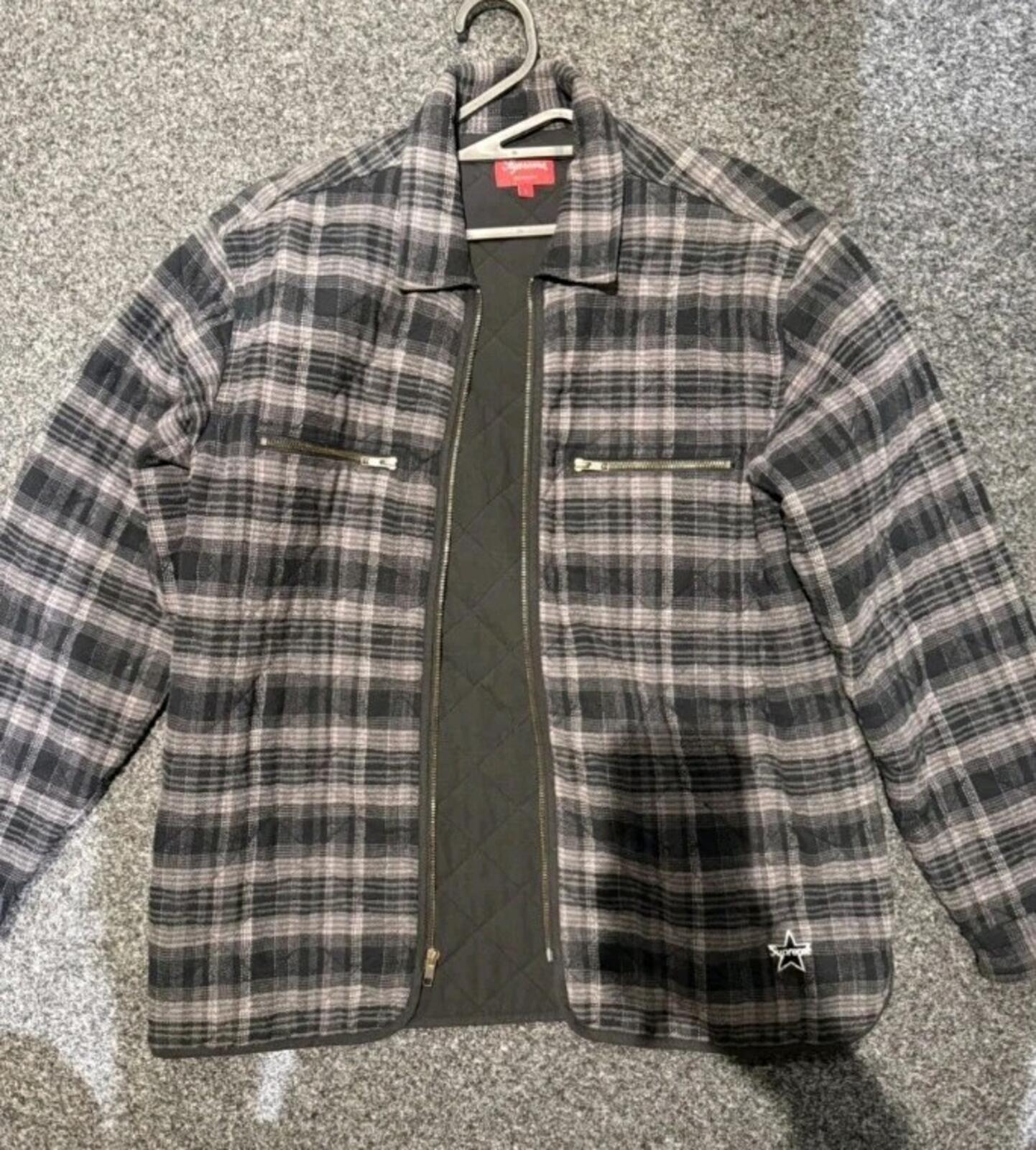 FW19 Supreme Quilted Plaid Zip Up Shirt Black Size L