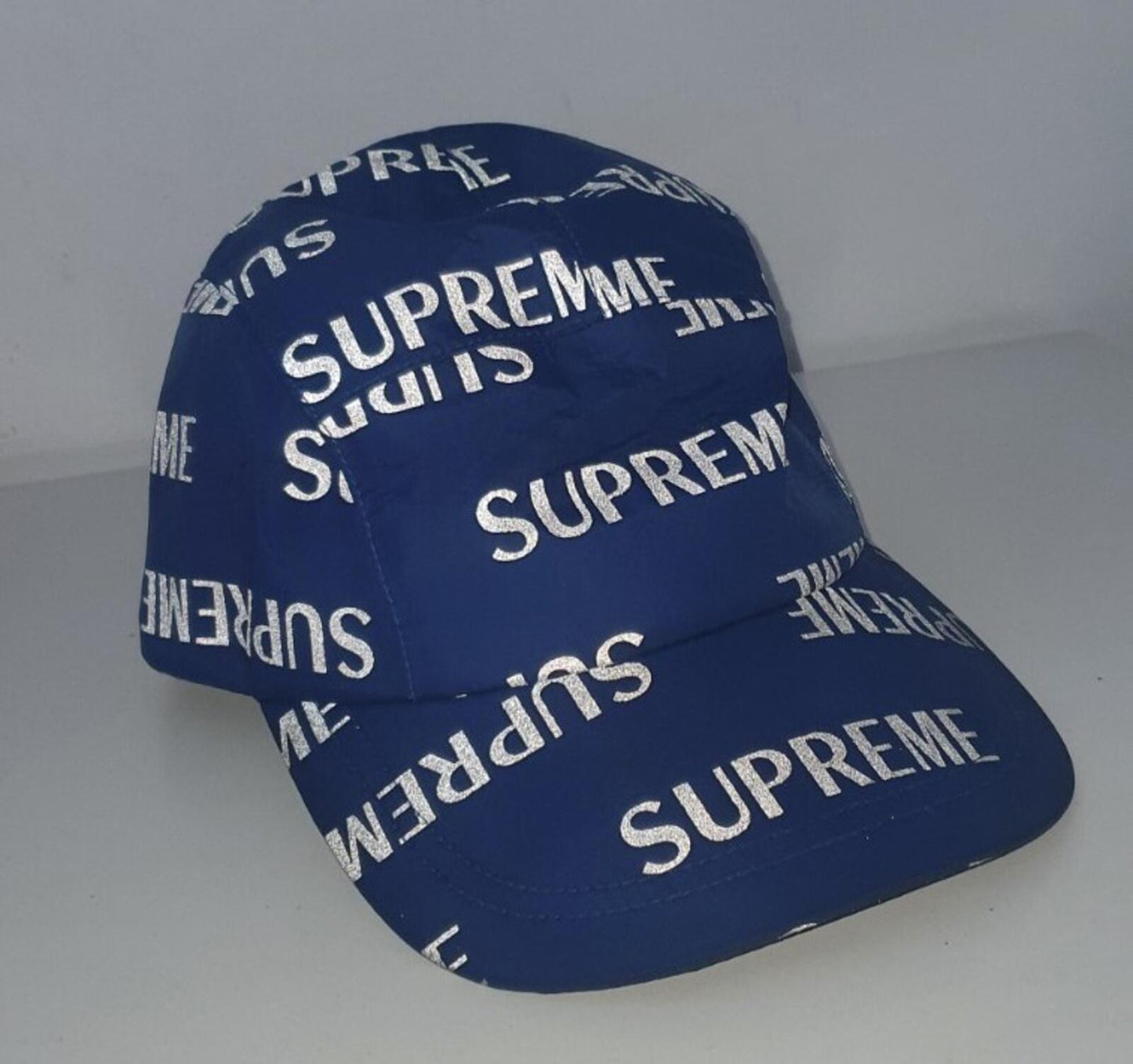 FW16 Supreme 3M Reflective Repeat Camp Cap Blau Hut Box Logo Wasserabweisend