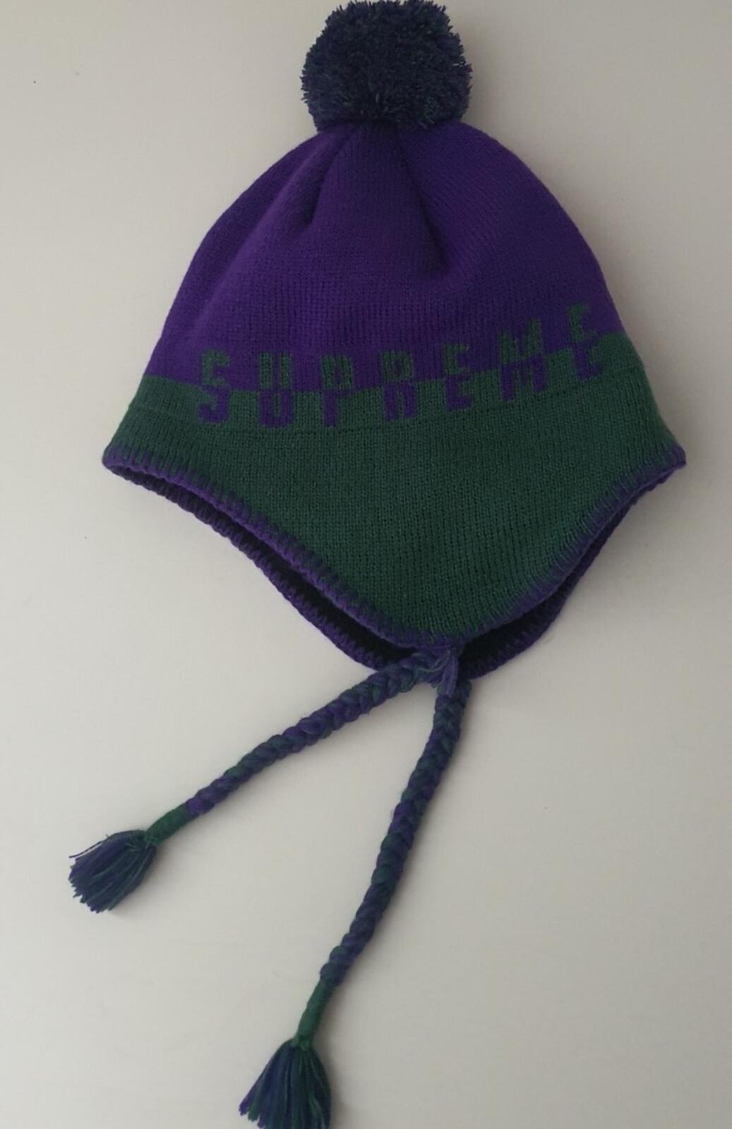 FW19 Supreme Split Logo Earflap Beanie Purple Green Hat