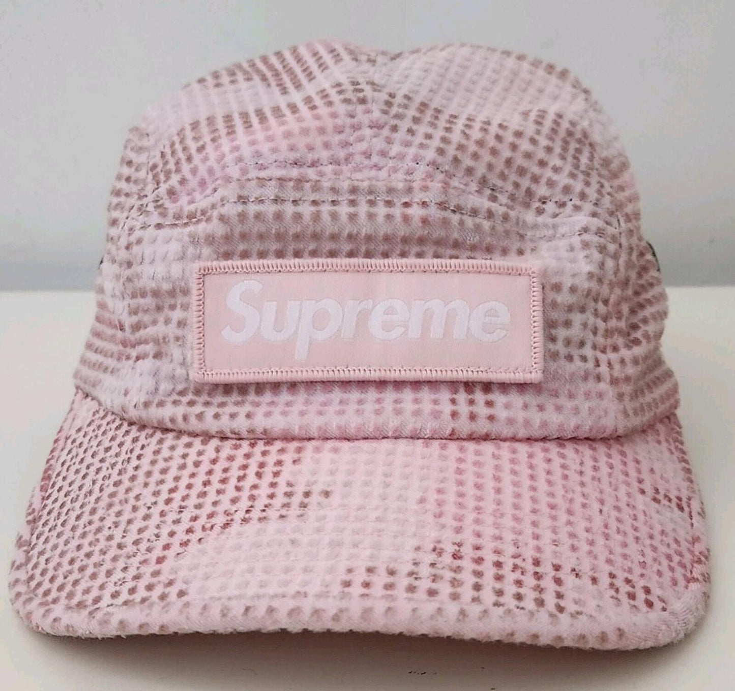 FW22 Supreme Camo Grid Velvet Camp Cap Pink Camo