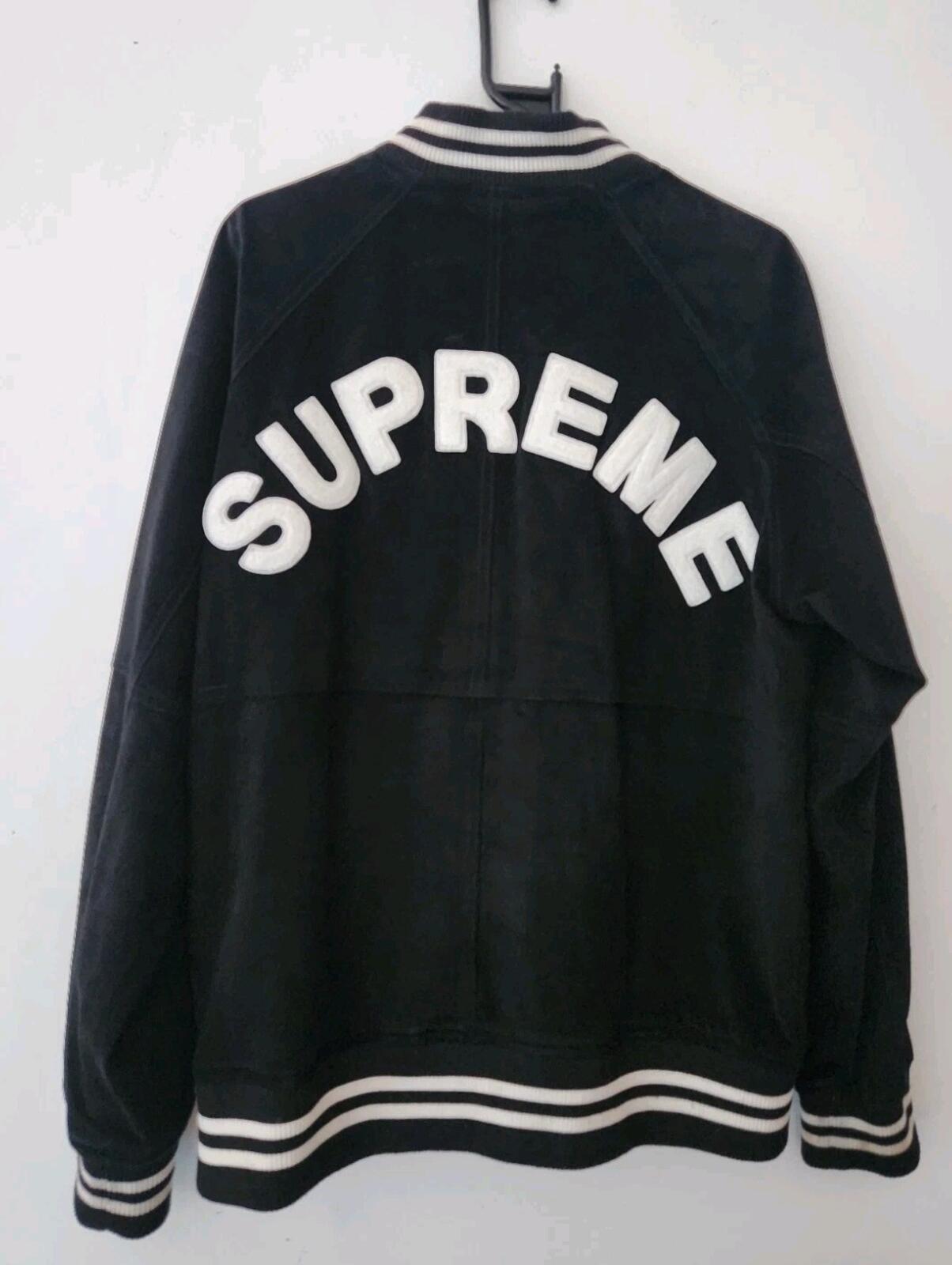 SS17 Supreme Suede Varsity Jacket L Large Black Leather Chenille Logo Coat Satin