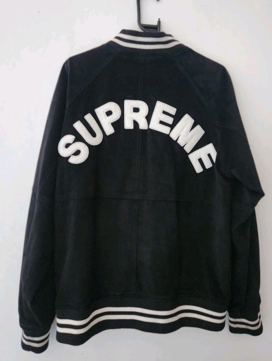 Chaqueta universitaria de ante Supreme SS17 L Grande Negra Logo Chenilla Cuero Abrigo Satén