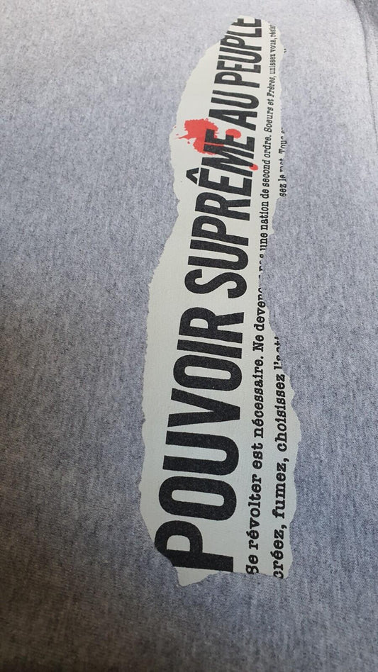 Camiseta SS19 Supreme Headline talla M gris jaspeado "Pouvoir"