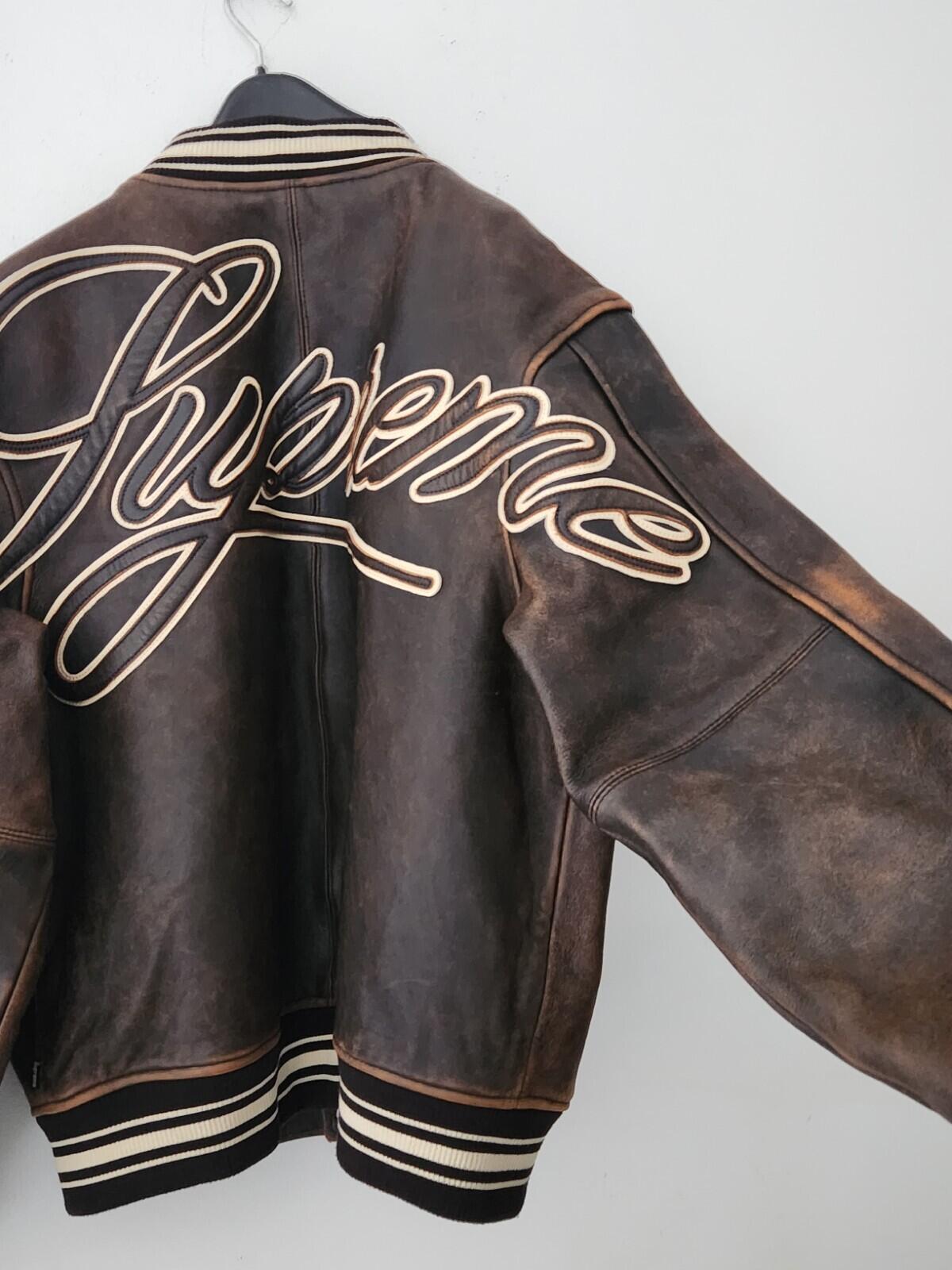 SS19 Supreme Leather Varsity Jacket L black Lambskin Brown Coat Satin Lining
