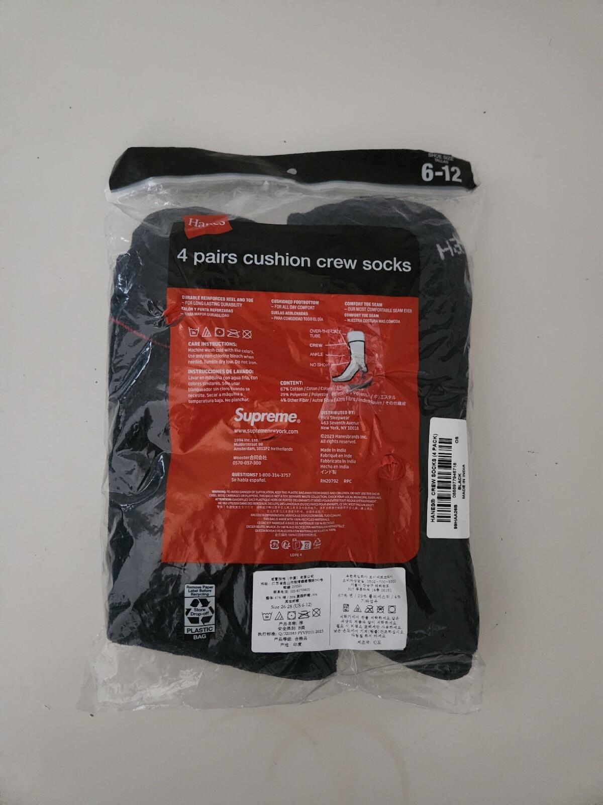 SS25 Supreme Hanes crew socks ( 4 pack ) Black Cotton Sock New Unopened