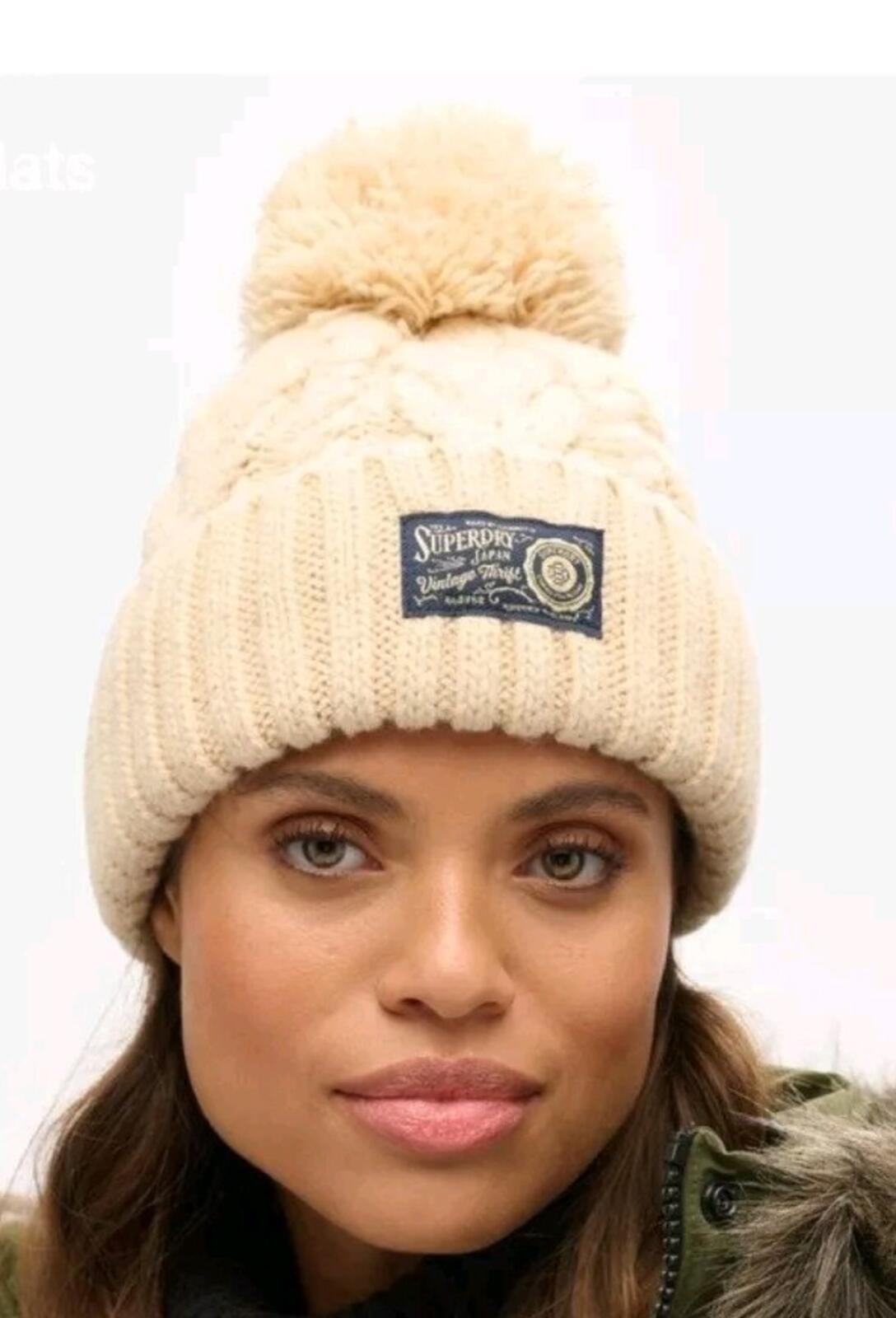 SUPERDRY Chunky Cable Beanie Hat Island Ecru Women's Winter Beige Hat Wool