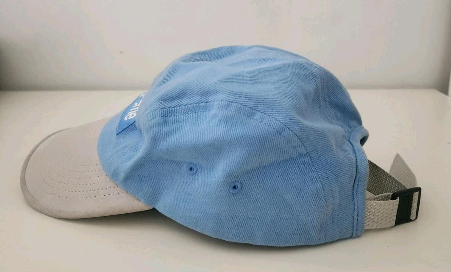 Gorra Supreme SS23 con visera de ante y piel de cabra, color azul claro