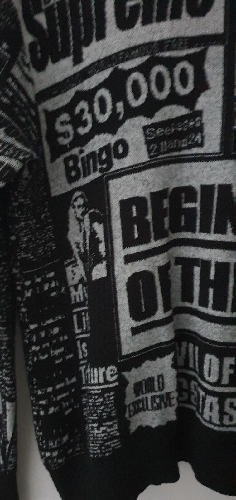 FW18 Supreme Newsprint schwarzer Pullover Größe M mittlerer Jumper Zeitung Merinowolle