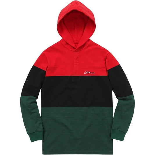 FW15 Bloque Bloque Rayado Sudadera Rugby Logo Árabe Top Verde Oscuro Talla L