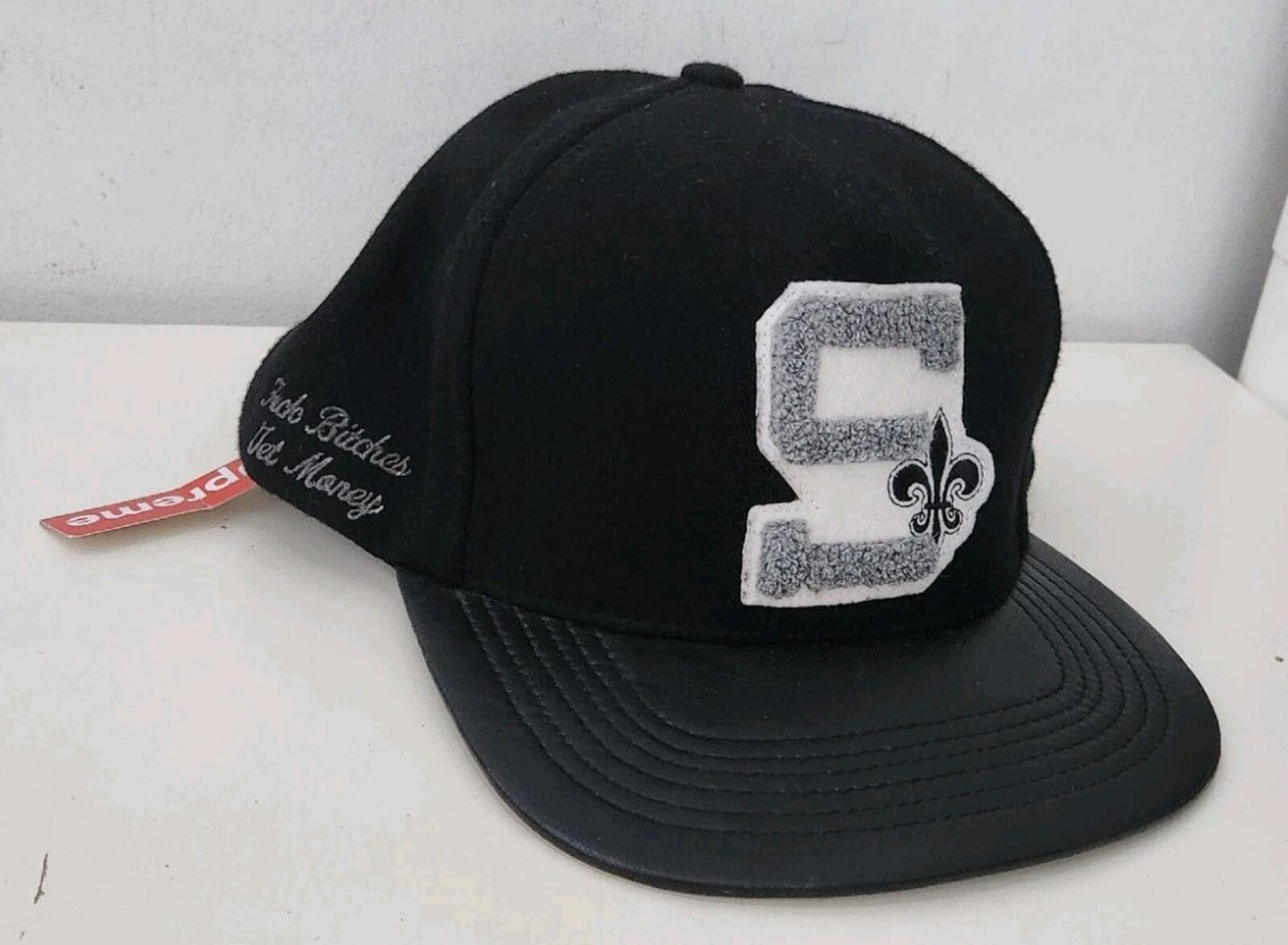 FW12 Supreme F uck B itches Get Money Wool 5-panel Leather Cap Black Hat FBGM