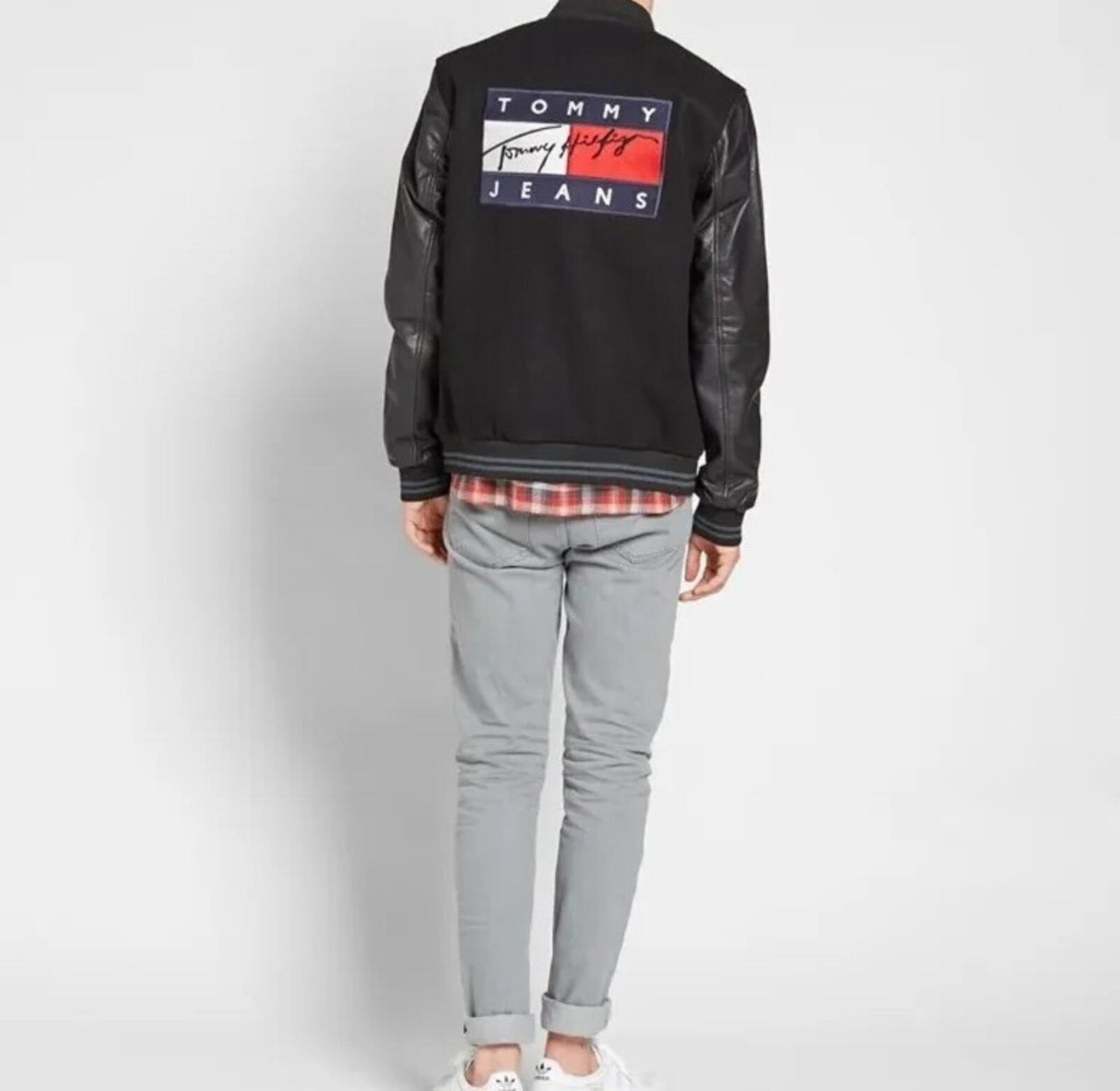 TOMMY JEANS £189 Varsity Wool Bomber Goat Leather Sleeves Black Jacket Hilfiger