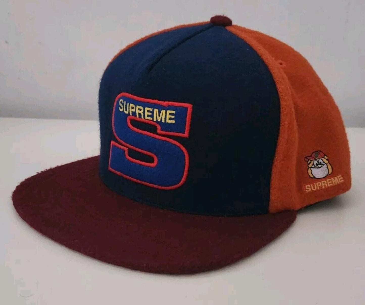 Gorra de 5 paneles de fieltro Supreme Milano FW15 negra, azul, naranja, lana, rara, 2015, logo S