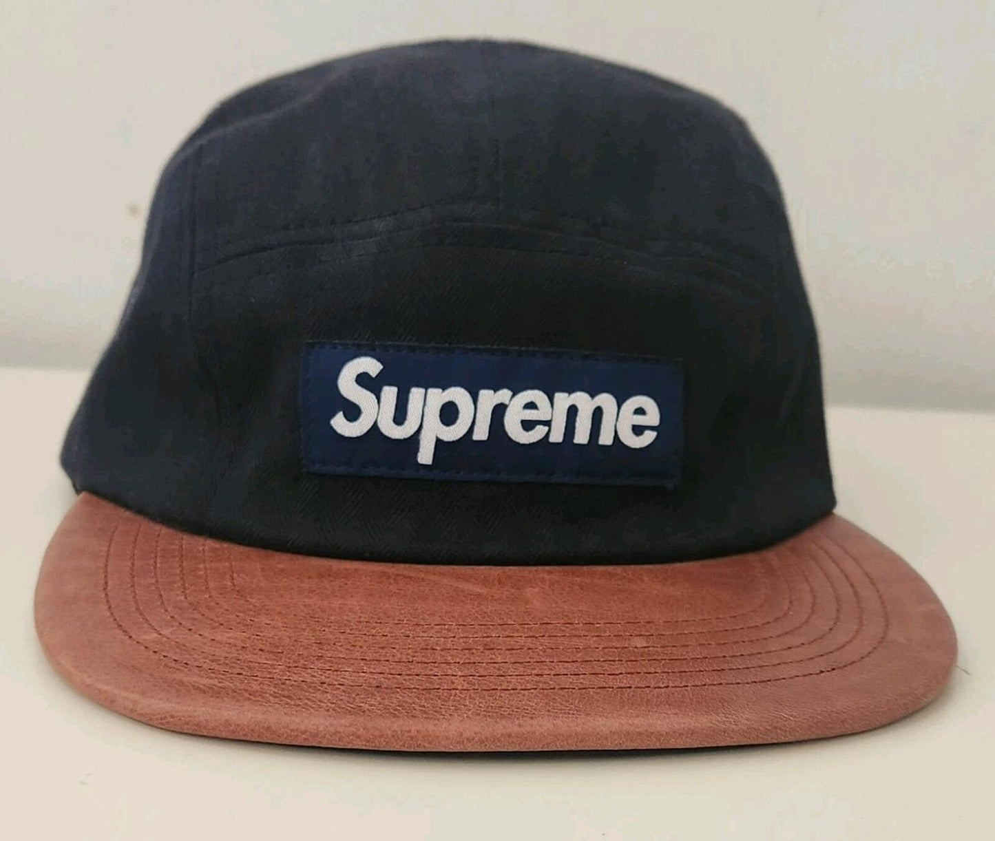 SS12 Supreme Herringbone Leather Camp Cap Navy Hut Vintage Sehr Selten 2012