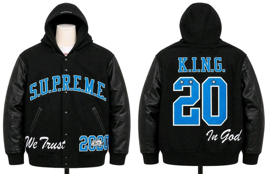 FW20 Supreme King Chaqueta universitaria con capucha de lana y cuero negra Talla S