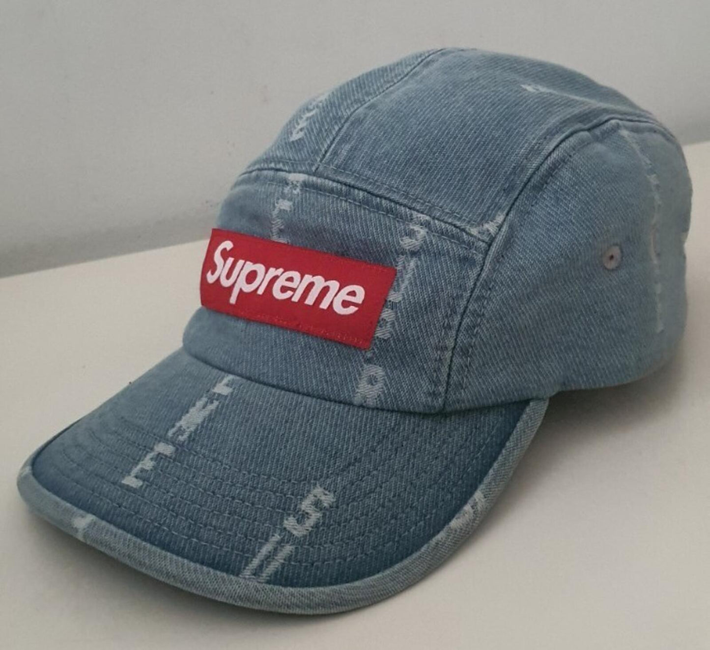 FW20 Supreme Logo Stripe Jacquard denim camp cap red box logo blue hat Worn 1x